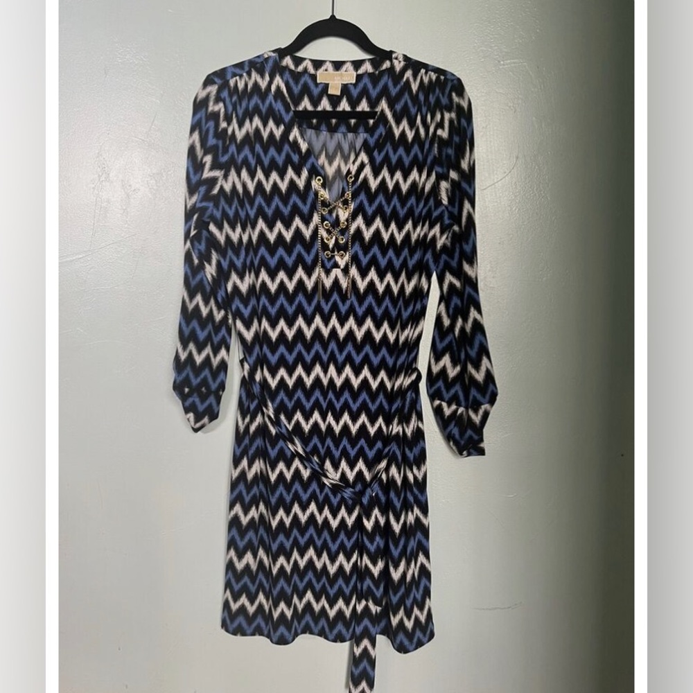 Michael Kors Blue chevron midi tunic dress gold chain lace up NWT Size M